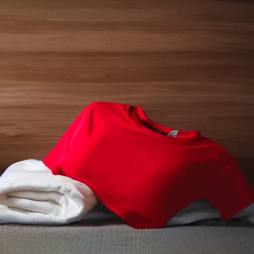 Image similar to high definition professional photo of a red t - shirt laying on a bed, displayed, promotional