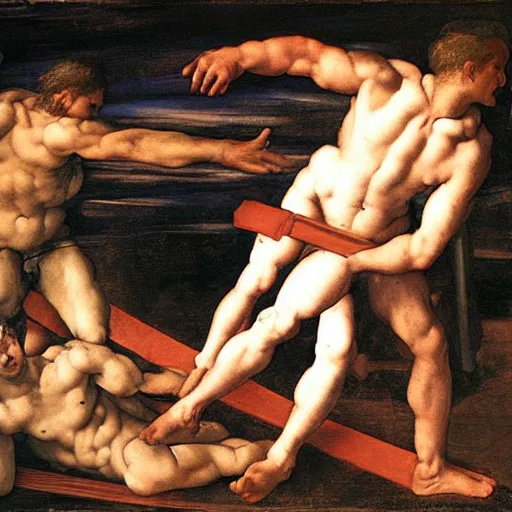 Prompt: two men are fighting on a deck at night, a screenshot by michelangelo, featured on reddit, temporary art, renaissance painting, demonic photograph, ultra realistic