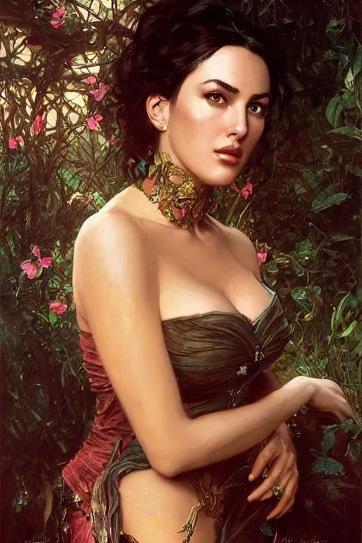 Image similar to young Monica Bellucci portrait, fantasy, elegant, intricate, cinematic lighting, by Stanley Artgerm Lau, greg rutkowski, thomas kindkade, alphonse mucha, loish, norman Rockwell