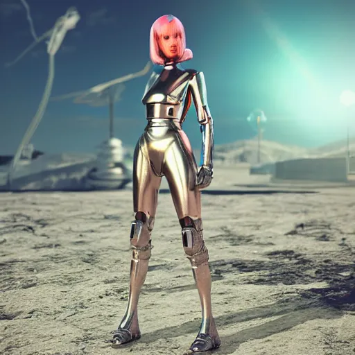 Image similar to beautiful android woman, standing in a barren wasteland, futuristic, chrome and colorful, photo - realistic, ray tracing, 3 d shading, octane render, popular on art station