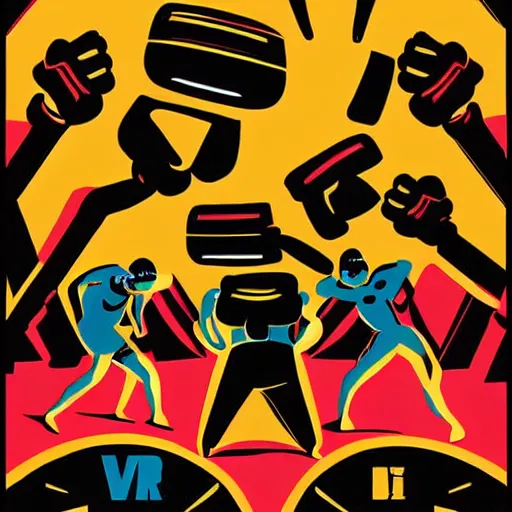 Image similar to wrestlers wearing vr headsets, vr goggles, shrugging, shrugging arms, tap out, fight club, tapping out, minimalistic, trending on art station, poster art by tom whaldon