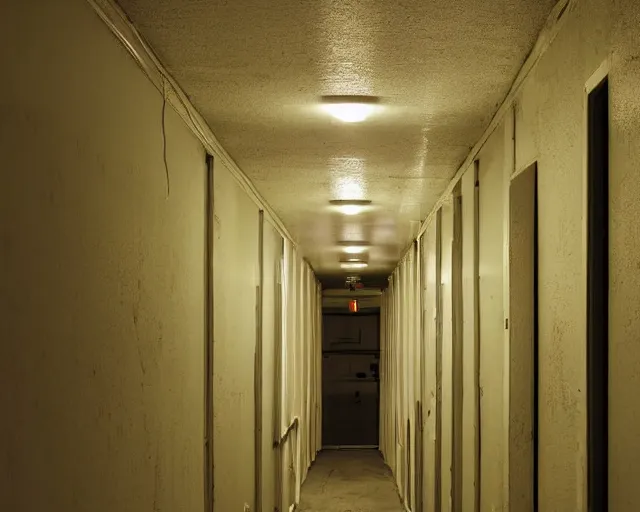 Image similar to an empty partially dark liminal space hallway that looks like the backrooms, photograph, horror, yellow lighting