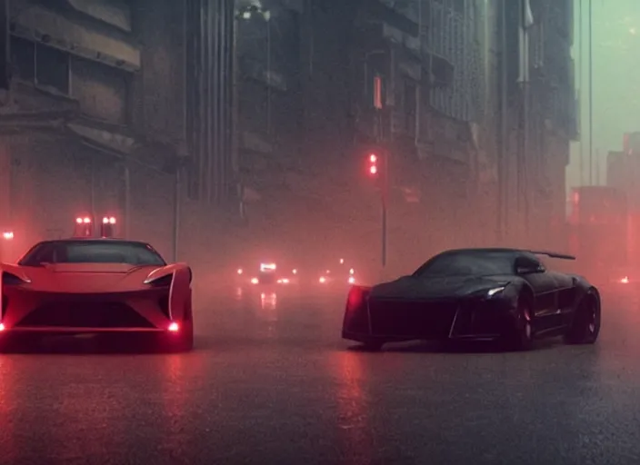 Image similar to Bladerunner 2049 scene red sports car driving on empty road dark atmospheric volumetric lighting grungy moody dark cinematic Roger Deakins Cinematography futuristic cyberpunk car soul red GTR NSX RX8 C3 Chaser S16 Evo X Z07 R34 ikuo maeda Newton Thomas Sigel bladerunner 2049 screen cap still