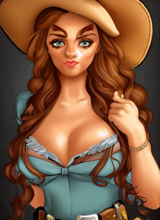 Image similar to a portrait one person, beautiful female sheriff body, big eyes, plump lips, western saloon theme, detailed faces