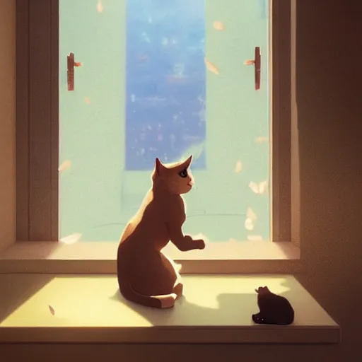 Prompt: a cat exists next to a man. cat and man in a room. in the room exists a table. animal. digital art. artstation. realistic. vibrant. illustration. in the style of pixar movie. octane render. art by makoto shinkai, stanley artgerm lau, wlop, rossdraws. volumetric lighting.