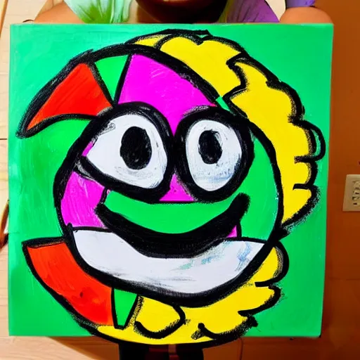 Prompt: smiley face painted by a child on canvas -4