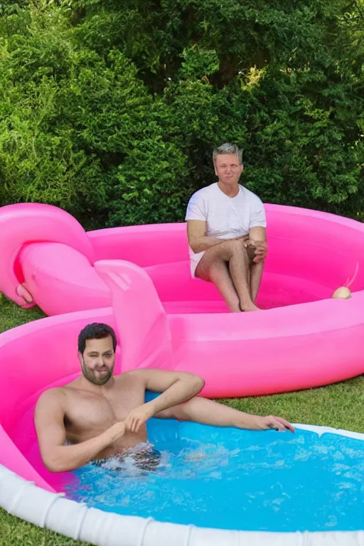 Image similar to man sitting in a pink kiddie pool, lawn flamingo, backyard, pool floaties