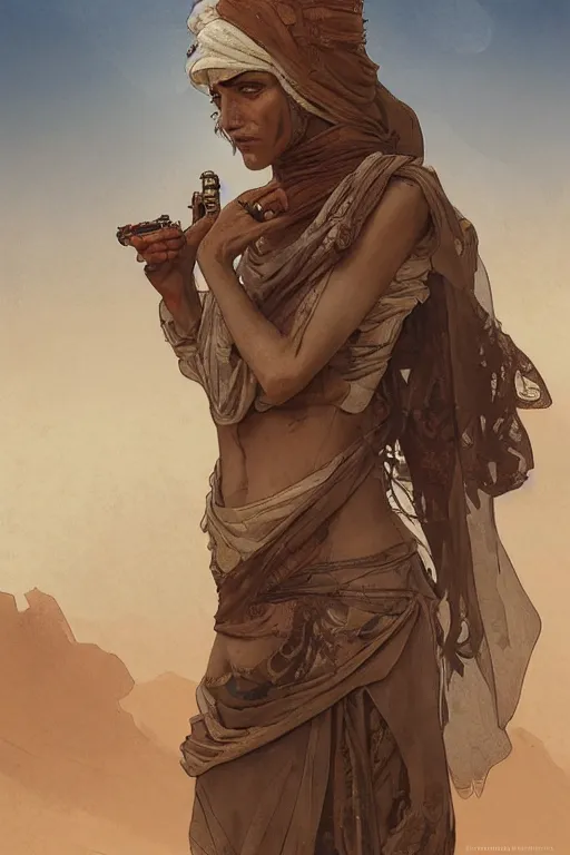 Image similar to a full body portrait of a beautiful post apocalyptic offworld desert bedouin blind beggar by the pool, intricate, elegant, highly detailed, digital painting, artstation, concept art, smooth, sharp focus, illustration, art by krenz cushart and artem demura and alphonse mucha