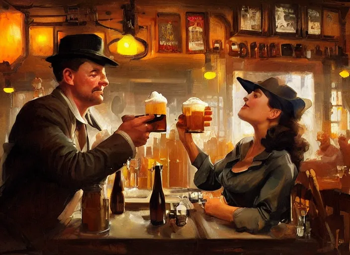 Image similar to greg manchess painting of a delicious mug of beer in a dieselpunk bar, medium shot, organic painting, matte painting, bold shapes, hard edges, street art, trending on artstation, by huang guangjian and gil elvgren and sachin teng