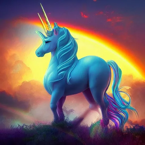 Prompt: a unicorn with a baby unicorn in a beautiful garden with billowing clouds and sunset, with a rainbow in the distance, trending on artstation, dynamic composition, style of Artgerm and Jaime Jones, high detail