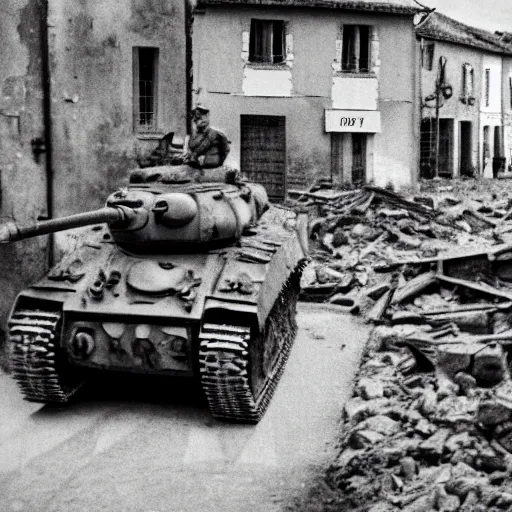 Image similar to small french village bombed out, Nazi Tiger 1s driving into the town, black and white, film grain,