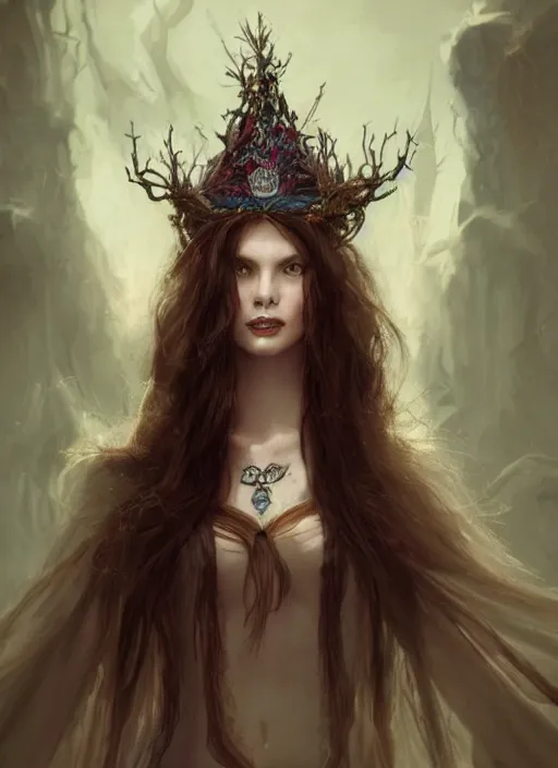 Image similar to pale, beautiful witch with long hair and a delicate crown, fantasy, medieval, vivid colors, fantasy, elegant, concept art, sharp focus, beautiful face!!, digital art, Hyper-realistic, 4K, Unreal Engine, Highly Detailed, HD, Dramatic Lighting by Brom, trending on Artstation