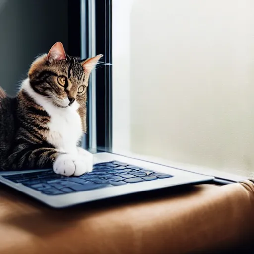 Prompt: A cat lounging on a laptop computer near a window with a mid day city outside