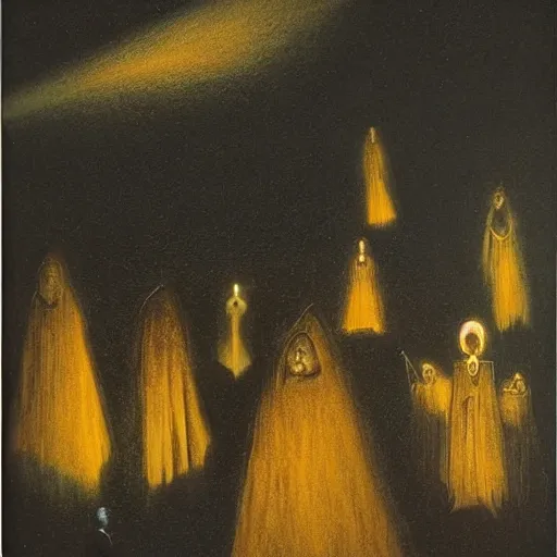 Prompt: A A Holy Week procession of souls in a Spanish landscape at night by Remedios Varo.