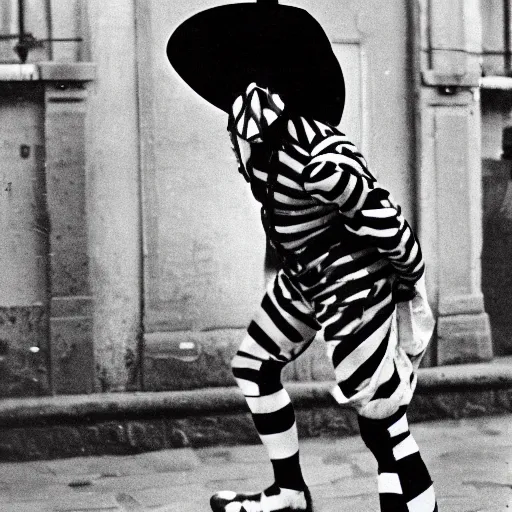 Image similar to a photo of a harlequin mime in madrid in the spanish civil war