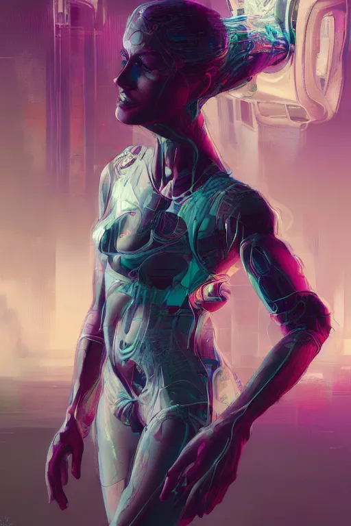 Image similar to the most amazing dream you ever had about a beautiful woman transhumanism, hyper realistic, concept art, intricate, hyper detailed, smooth, syd mead, high contrast, neon, volumetric lighting, octane, raytrace, jim lee, moebius