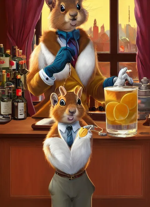 Prompt: squirrel anthro as a dapper bartender with a big, fluffy tail, retro futurism, art deco, detailed, painterly digital art by WLOP and Cory Loftis and William Holman Hunt, 🐿🍸🍋, furaffinity, trending on artstation