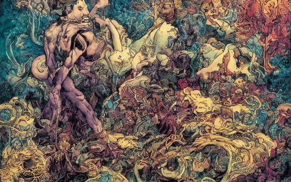 Prompt: the sandman surrounded by the stuff of dreams - images, colors, shapes, and emotions by dan mumford and heinrich kley