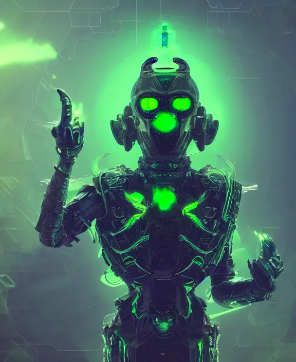 Prompt: a detailed character concept of a menacing armoured alien with glowing green eyes and a crown of jade and topaz crystals by Beeple, 4k resolution, photorealistic