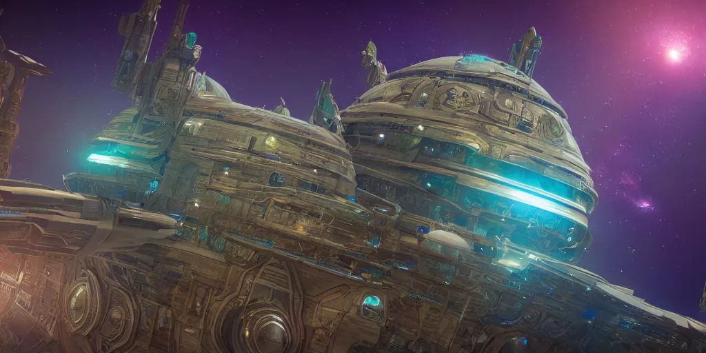 Prompt: cinematic shot of a sci-fi space station with ornate Elven architecture floating in outer space, epic castle, epic nebula, artstation, sharp focus, realistic 8k, emerald, crystalline, octane render, nvidia raytracing demo