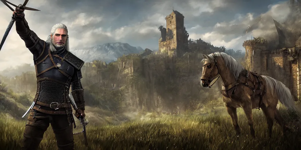 Image similar to Geralt of Rivia, Witcher 3, game art, concept art, village, castle, horse,
