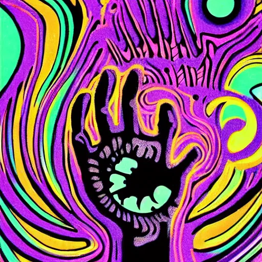 Prompt: a spooky ethereal glowing hand with a beautiful eye in its palm, night, psychedelic, bold black lines, flat colors, 1 9 7 0 s poster illustration