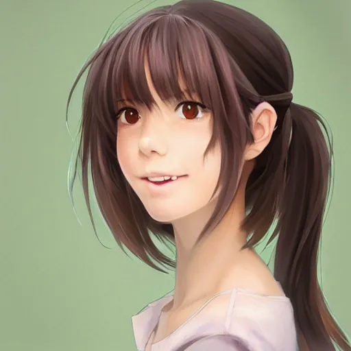 Prompt: A medium shot anime portrait of a happy beautiful woman with brown hair, a single short ponytail, a part in her hair, with bright blue eyes, open mouth, a big forehead, and large eyebrows, without glasses, blue eyes, detailed, by Stanley Artgerm Lau, WLOP, Rossdraws, James Jean, Andrei Riabovitchev, Marc Simonetti, and Sakimi chan, trending on artstation