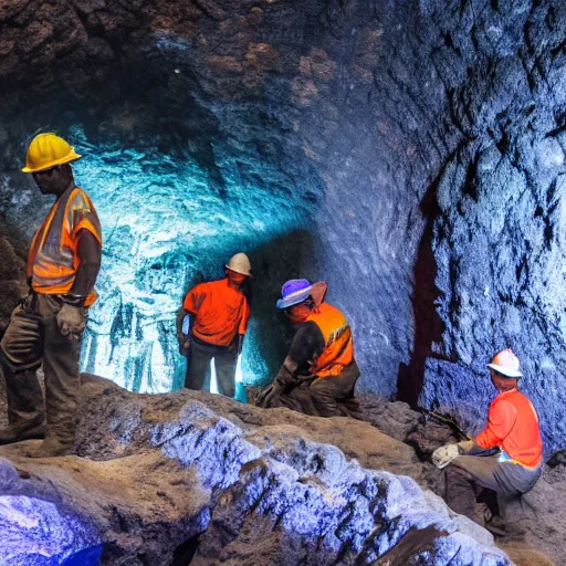 Prompt: photograph of workers mining for black opal in a large cavern, ethereal, shining rocks, award winning