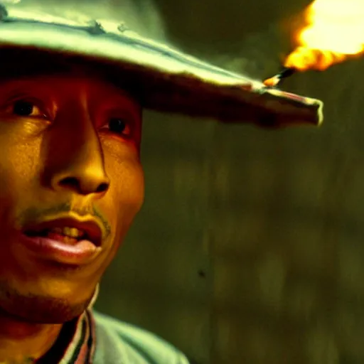 Image similar to cinematic film still Pharrell Williams starring as a Samurai holding fire, Japanese CGI, VFX, 2003, 40mm lens, shallow depth of field,film photography