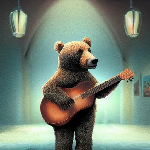 Image similar to realistic bear playing guitar in Subway, fantasy, epic detail, sharp, photorealistic, atmospheric,