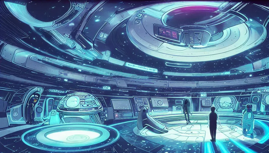 Prompt: a space ship circular room with bright holodesk in the center, a hologram of the solar system!!!, standing dark people discussing, contrasted light, clair obscur, star wars vibe, by sead mead, by feng zhu!!! by moebius, vivid colors, spectacular cinematic scene