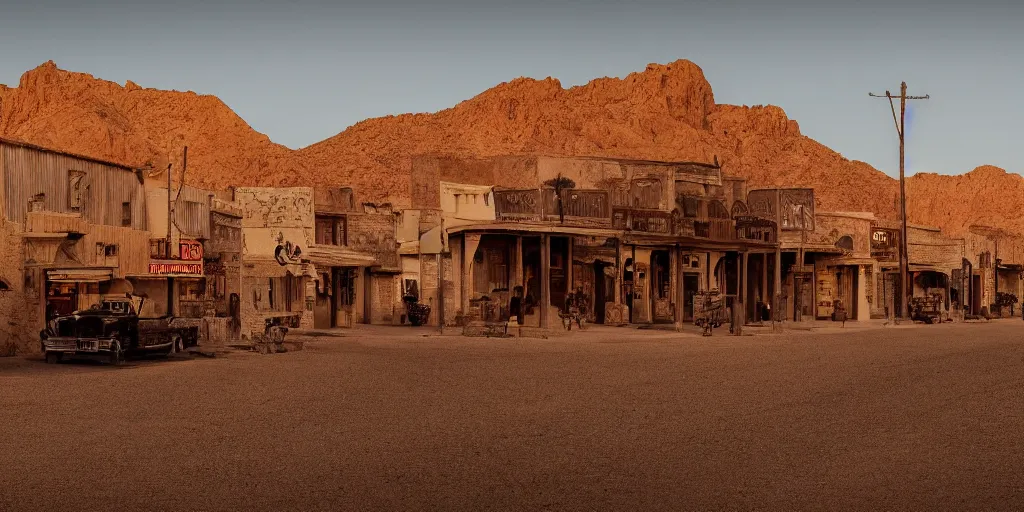 Image similar to An old western town in the desert, cinematic