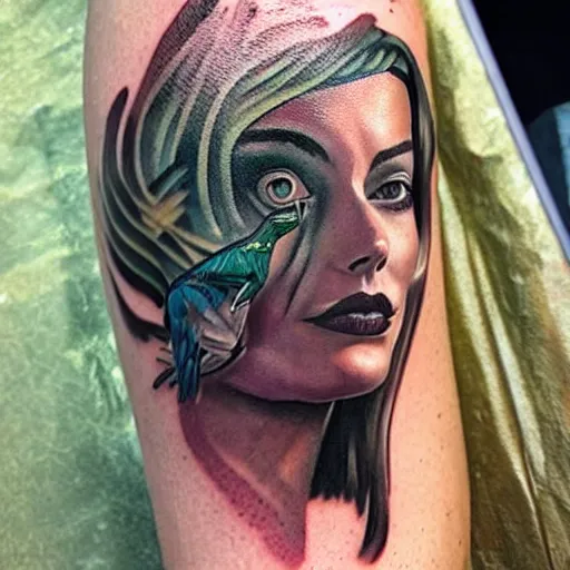 Prompt: surrealist tattoo design of margot robbie and nature mash up, in the style of arlo dicristina, amazing detail, face morph