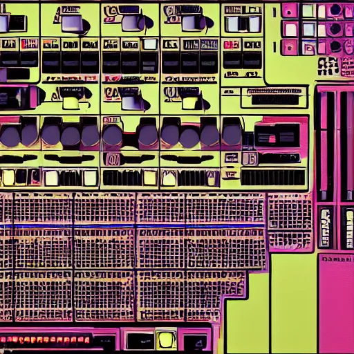 Image similar to drum machines and synththezisers, modular, in the style of akira, tron