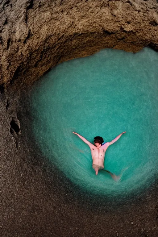 Image similar to high quality pastel coloured film mid angle docu photograph of a beautiful young 2 0 year old male, soft features, short black hair, falling, jumping in an icelandic black rock pool environment. atmospheric. three point light. photographic. art directed. ( pastel colours ). volumetric light. clearcoat. waves glitch. 8 k. filmic.