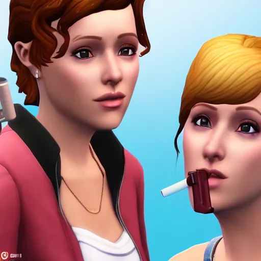 Prompt: sims 4 game key visual art of a girl smoking a cigarette, trending on artstation, by sims, cgi, unreal engine
