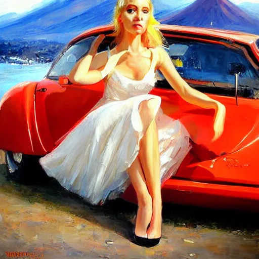 Image similar to painting volegov car blonde woman volcano