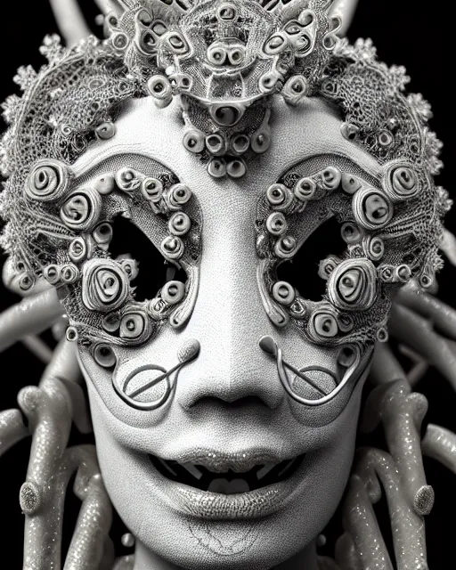 Prompt: bw close - up voodoo mask, beautiful porcelain intricate bio - mechanical vegetal - cyborg, white metallic armour, white peacock feathers, roots, fine mandelbrot fractal lace, 1 5 0 mm, soft rim light, elegant, hyper real, ultra detailed, octane render, hg giger, 1 6 k