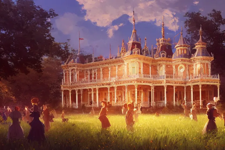 Prompt: an ornate victorian palace, party in front, scene in an open field. 1 8 9 0, key visual, conceptart, ambient lighting, highly detailed, digital painting, artstation, concept art, sharp focus, by makoto shinkai and akihiko yoshida and greg manchess