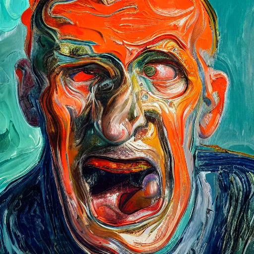 Image similar to high quality high detail expressionist painting of a man in agony by lucian freud and jenny saville edvard munch and francis bacon, hd, anxiety, seated at table crying and screaming, turquoise and orange