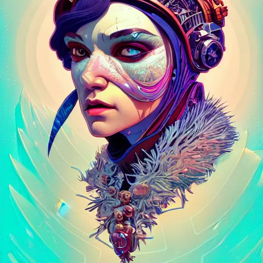 Image similar to high quality high detail portrait of a snow queen diesel punk character in an futuristic world, tristan eaton, victo ngai, artgerm, rhads, ross draws, hyperrealism, intricate detailed, alphonse mucha, pastel colors, vintage, artstation,
