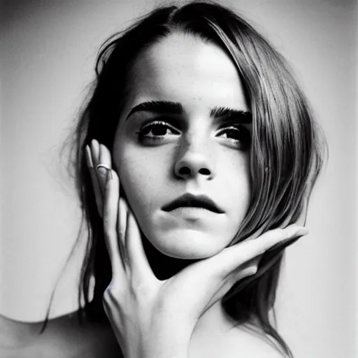 Image similar to Emma Watson closeup face shoulders very long hair hair slightly open lips Vogue fashion shoot by Peter Lindbergh fashion poses detailed professional studio lighting dramatic shadows professional photograph by Cecil Beaton, Lee Miller, Irving Penn, David Bailey, Corinne Day, Patrick Demarchelier, Nick Knight, Herb Ritts, Mario Testino, Tim Walker, Bruce Weber, Edward Steichen, Albert Watson