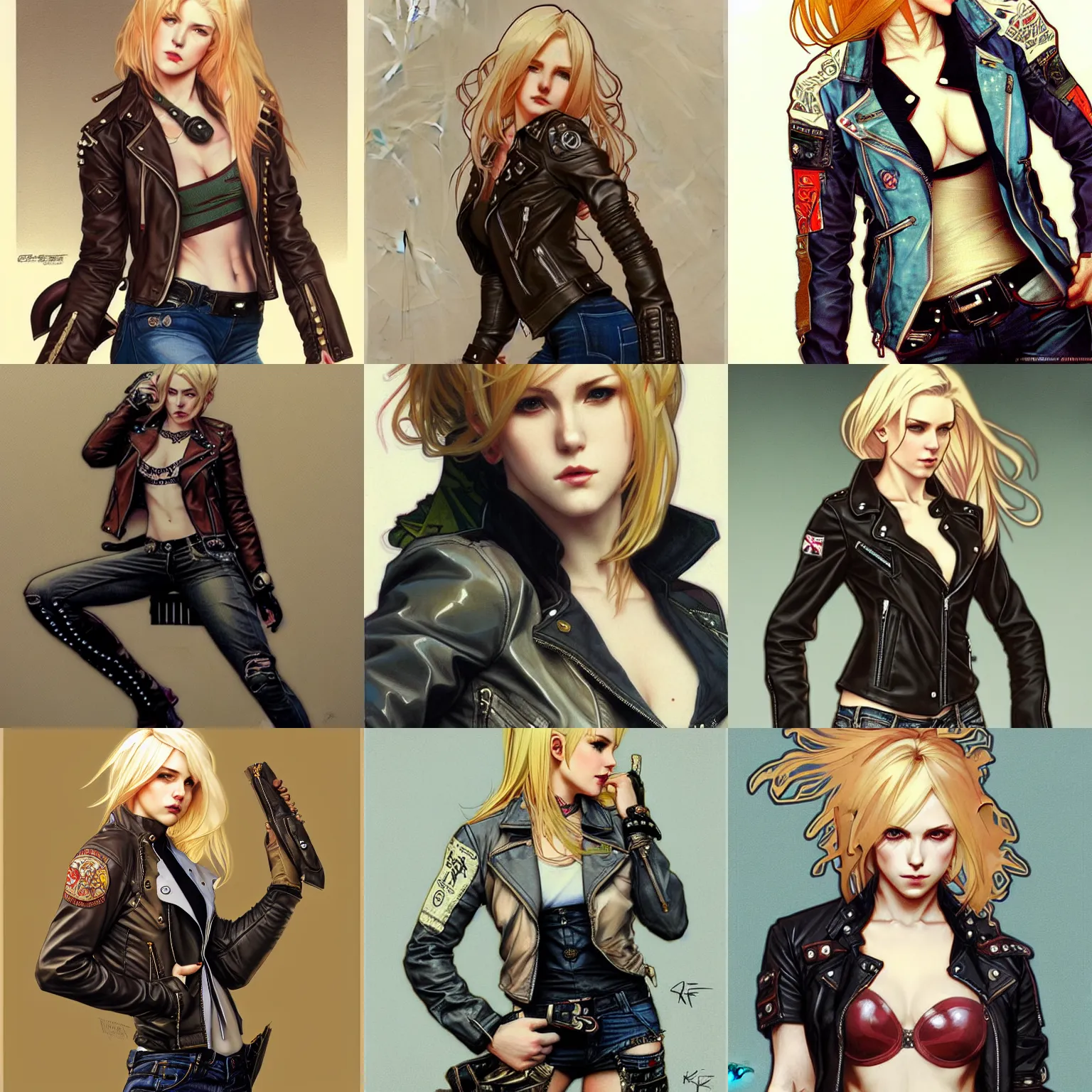 Prompt: muscled blonde female punk wearing leather jacket and jeans, intricate illustration by krenz cushart, alphonse mucha, artgerm, trending on artstation