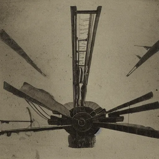 Image similar to 1800 photograph, daguerreotype, Leonardo Da Vinci's flying machine driven by a woman, High definition, volumetric light, detailed details,