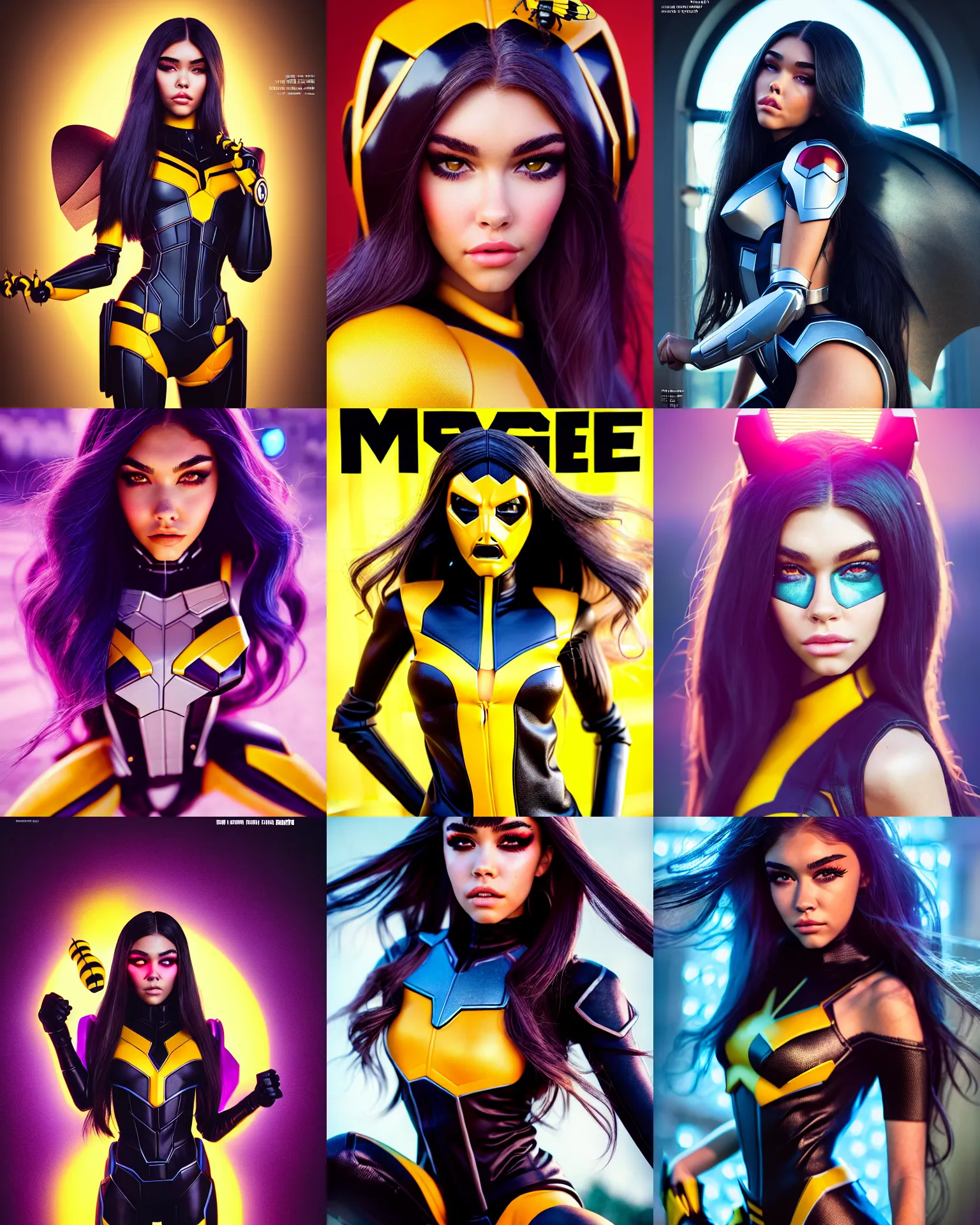 Prompt: magazine cover portrait photo of madison beer : : college woman : : as marvel hero bumblebee girl by weta : : by greg rutkowski, wlop, rossdraws, artgerm, pixar, disney, marvel, colorful rave makeup, leeloo, unreal engine, glossy skin, pearlescent, shiny, 4 k, hdr, bright morning, : :