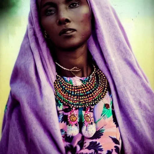 Image similar to a vintage image of a somali woman, dressed in somali clothing, nostalgic, beautiful, dreamy, pastel, nature, portrait, detailed