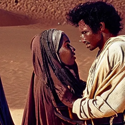 Prompt: a sand wraith talking with a handsome tuareg, movie still amazing