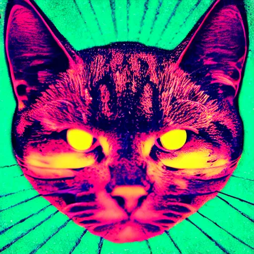 Image similar to cat head outline, laser eyes, portrait, vaporwave, synthwave, neon, vector graphics, cinematic, volumetric lighting, f 8 aperture, cinematic eastman 5 3 8 4 film, photorealistic