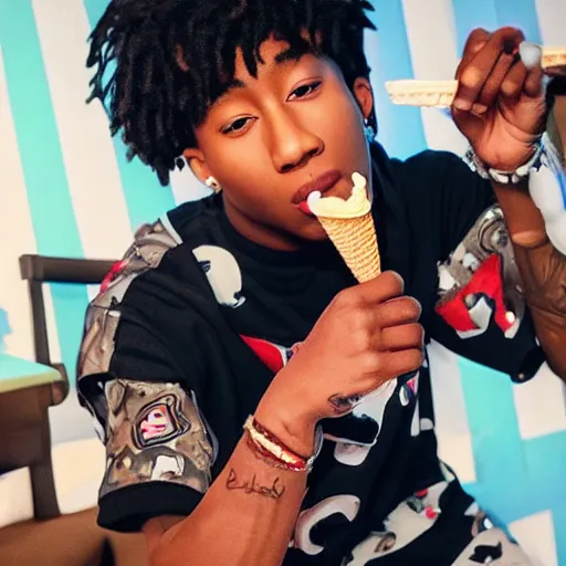 Image similar to rapper YoungBoy never broke again eating ice cream digital art 4K quality super realistic