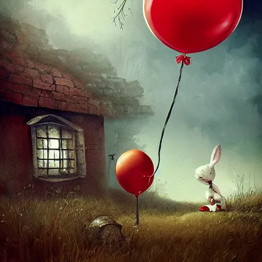 Image similar to grunge cartoon landscape painting of a cartoon bunny and a red balloon by - michal karcz, loony toons style, pennywise style, horror theme, detailed, elegant, intricate